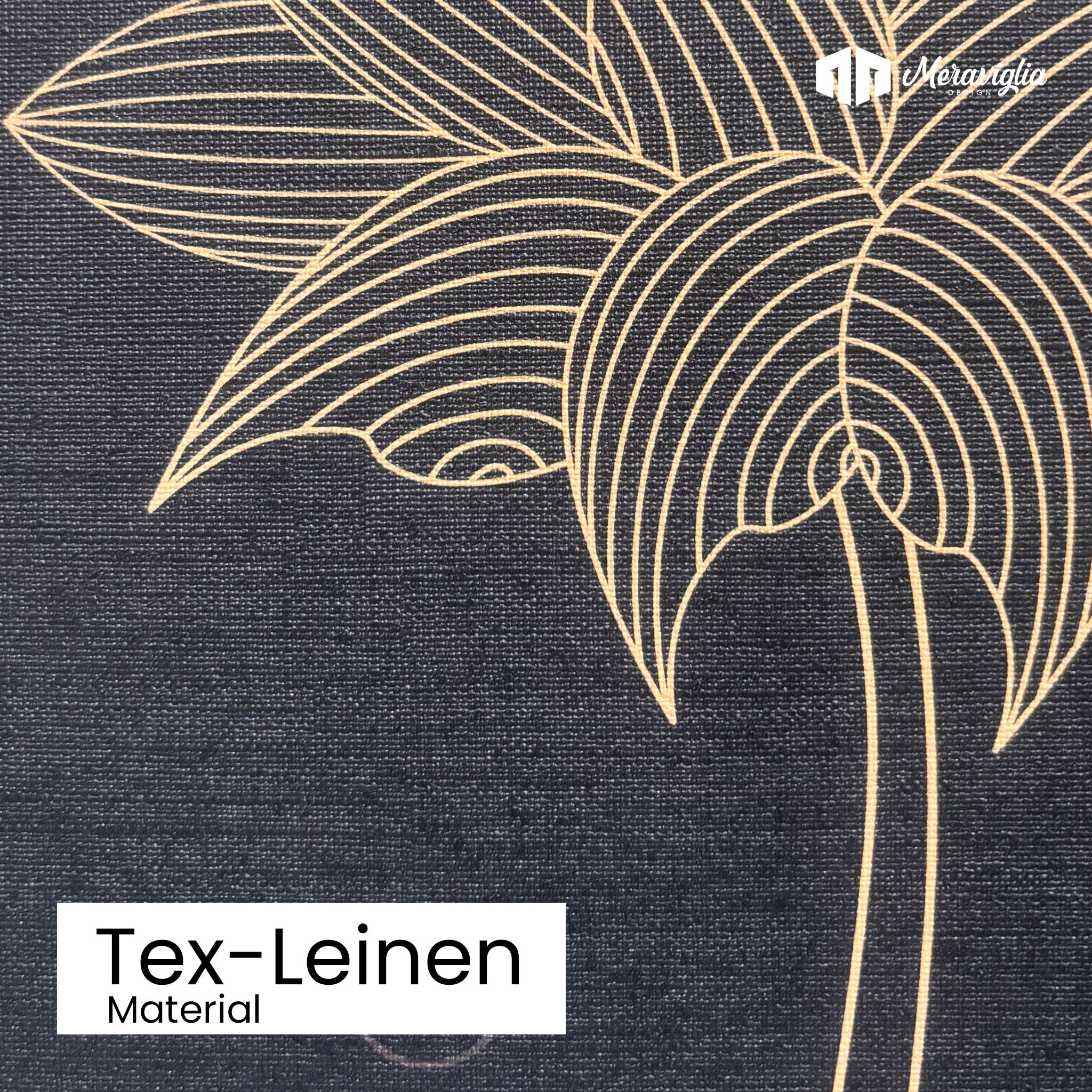 schwarze Tapete mit Lotusblüten goldfarben auf Material mit Leinenstruktur