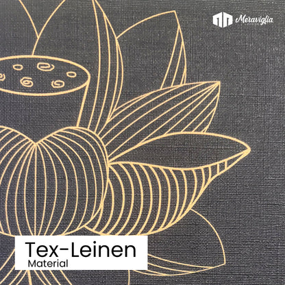 schwarze Tapete auf Material Tex-Leinen mit Lotusblüten goldfarben