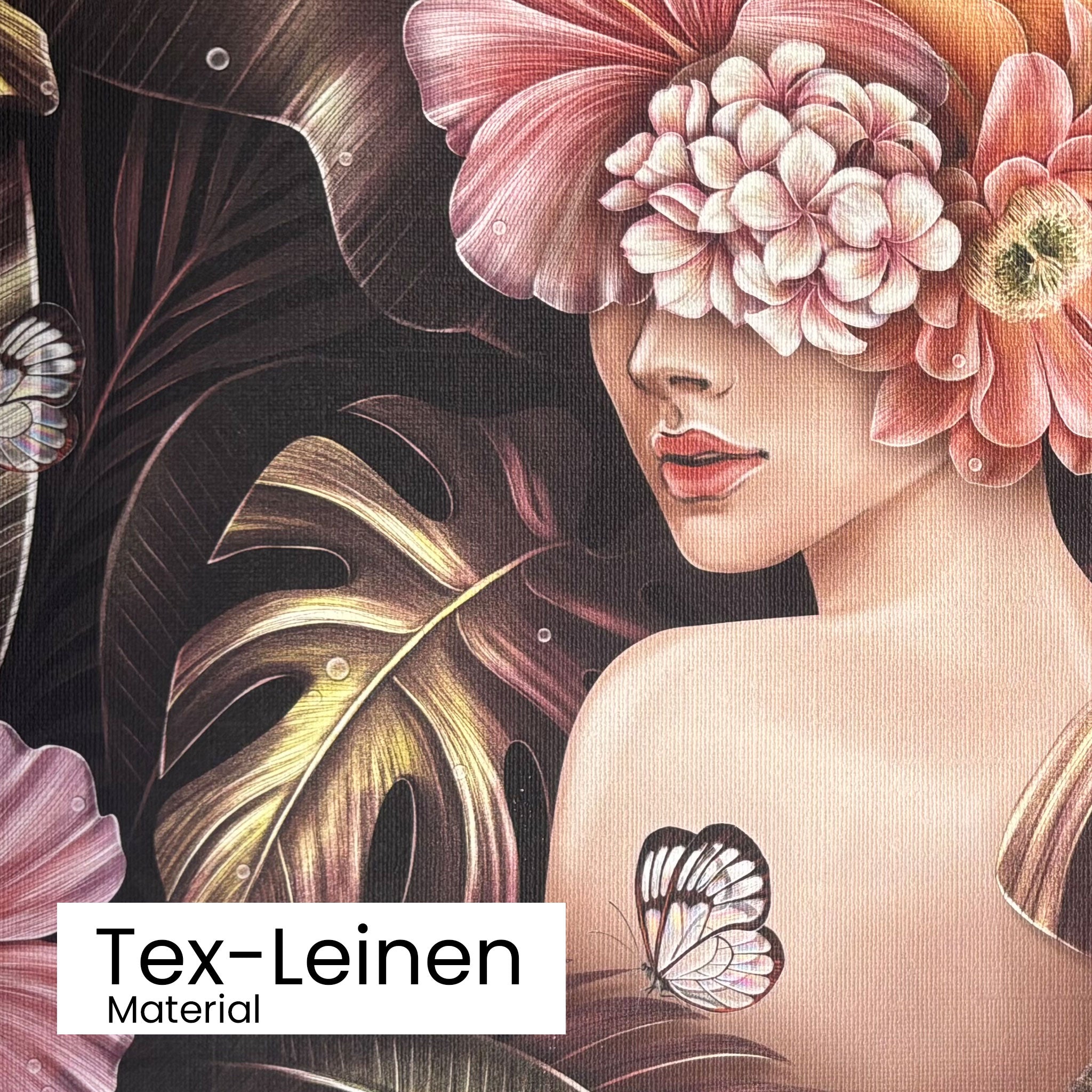 Tapete Golden Tropics Detailansicht Material Tex-Leinen