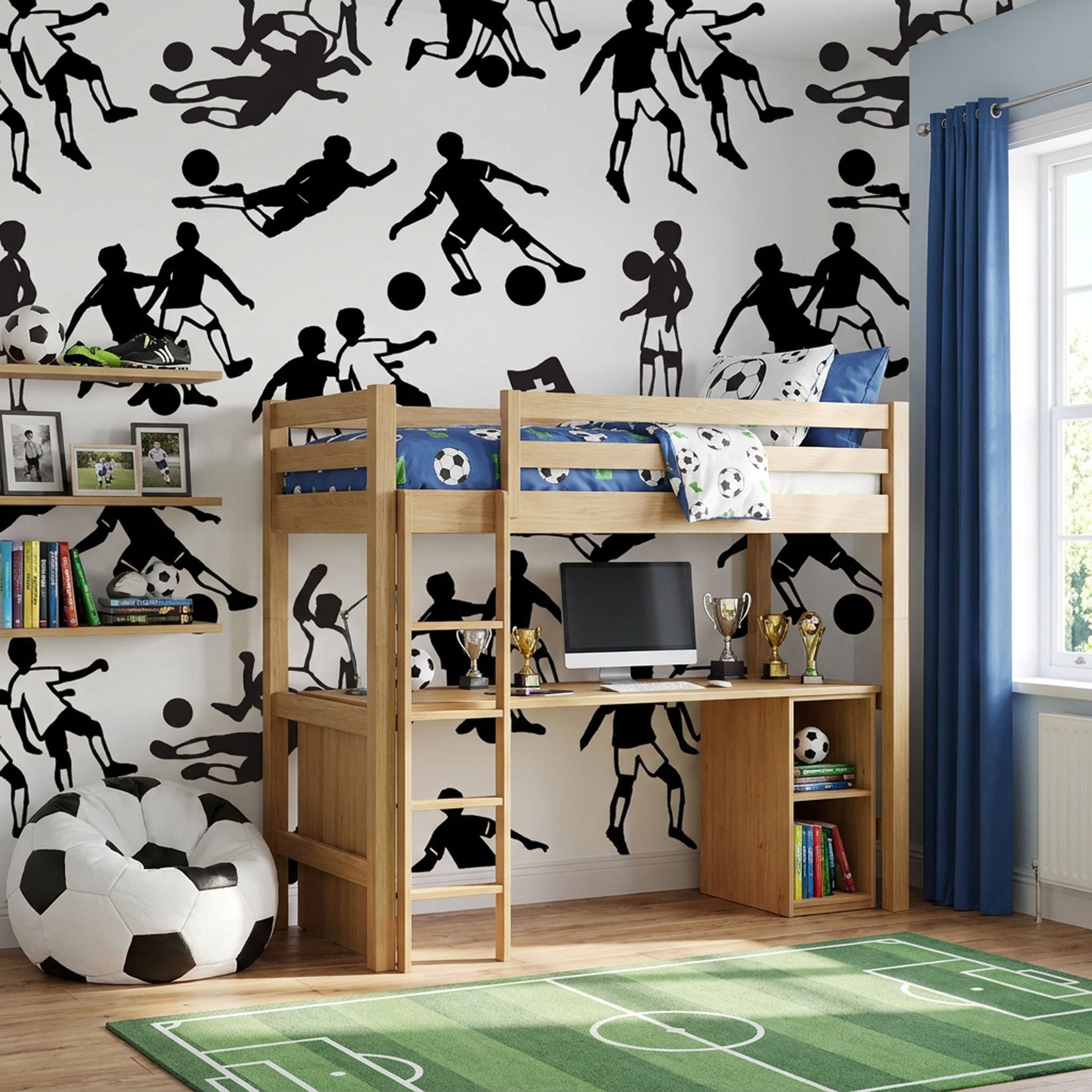 Scherenschnitt Tapete mit Fussballmotiven in Jungenzimmer