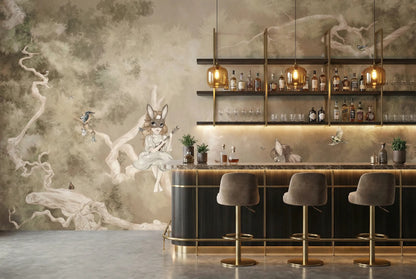 Tapete mit Fabelwesen in Wald in beigen Farben in Bar