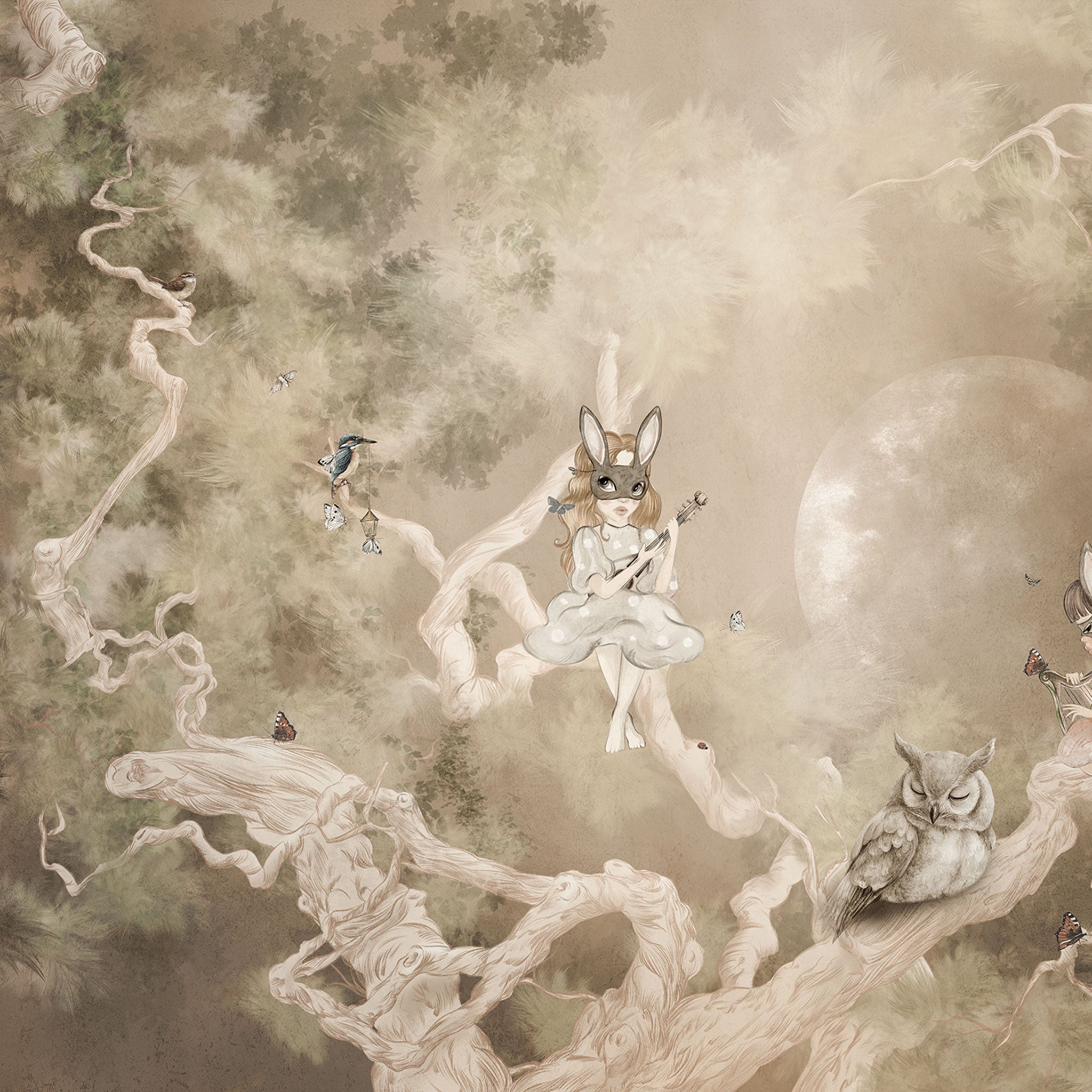 Tapete mit Fabelwesen in Wald in beigen Farben Detailnsicht