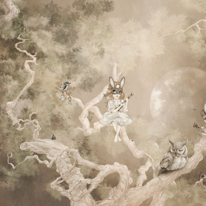 Tapete mit Fabelwesen in Wald in beigen Farben Detailnsicht