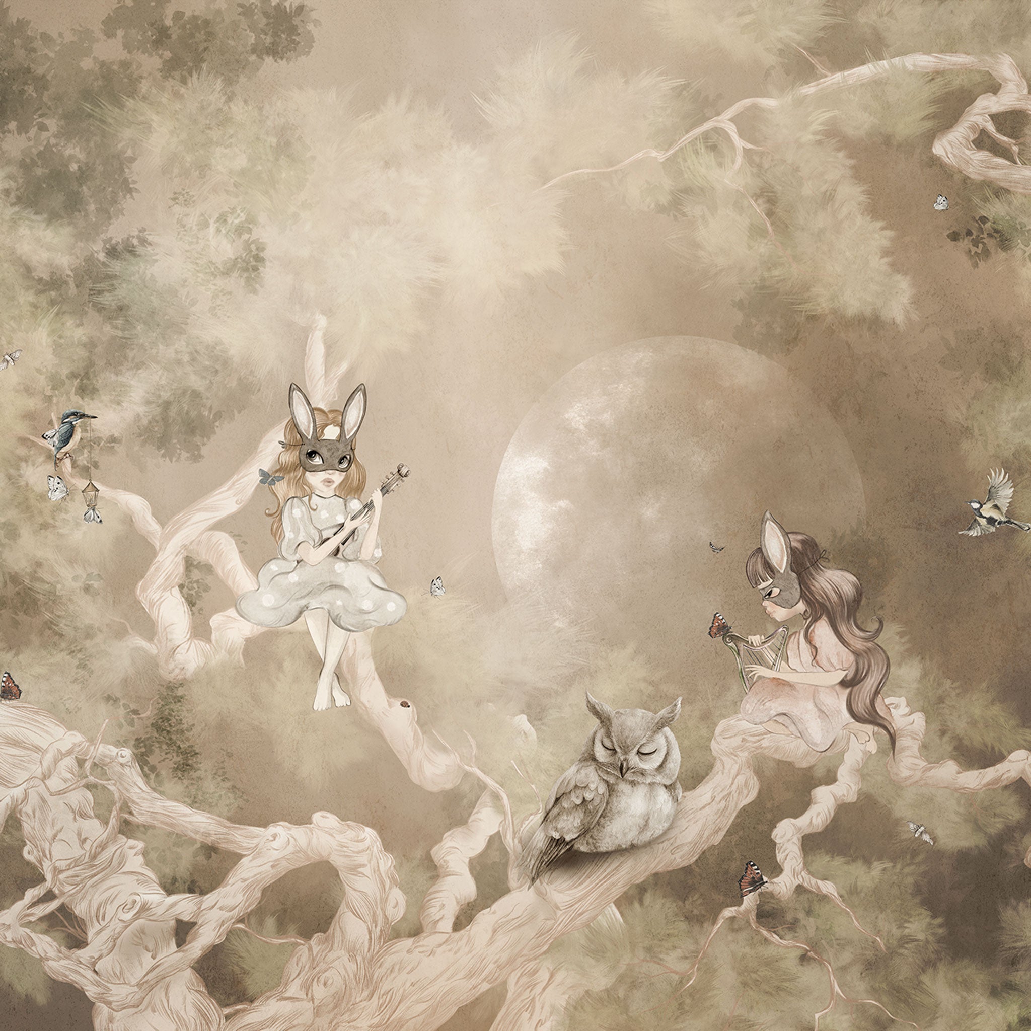 Tapete mit Fabelwesen in Wald in beigen Farben Detailnsicht