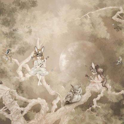 Tapete mit Fabelwesen in Wald in beigen Farben Detailnsicht