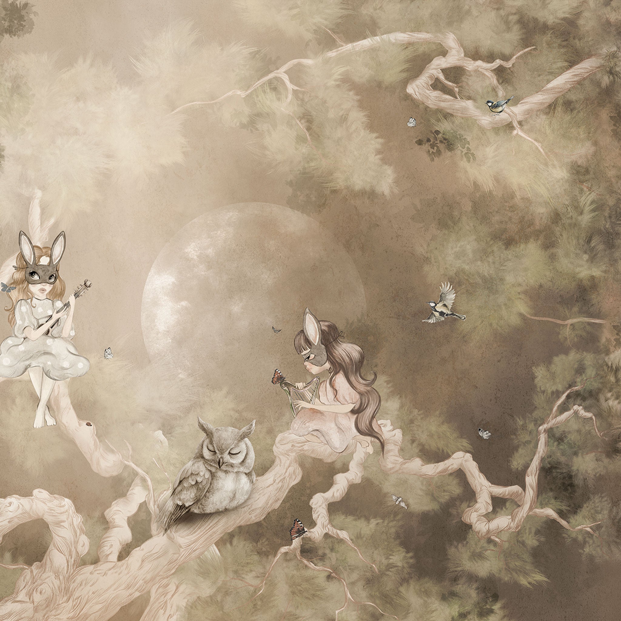 Tapete mit Fabelwesen in Wald in beigen Farben Detailnsicht