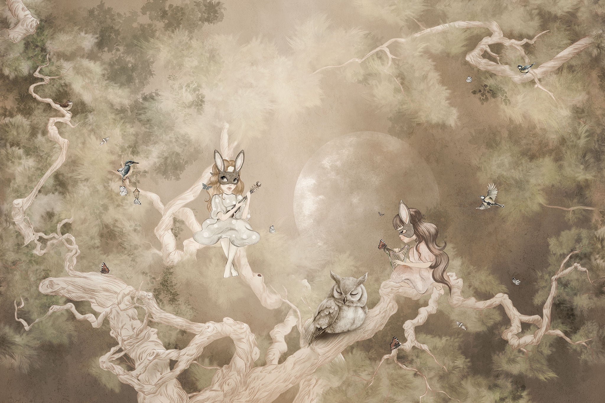 Tapete mit Fabelwesen in Wald in beigen Farben ganzes Bild