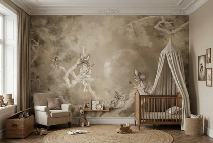 Tapete mit Fabelwesen in Wald in beigen Farben Kinderzimmer