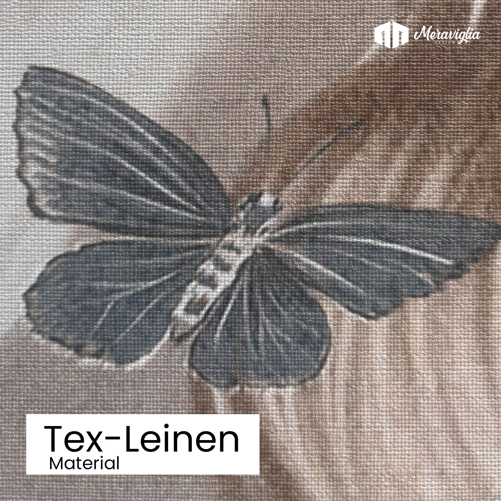 Detailansicht Tapete mit grauem Schmetterling in Material Tex-Leinen
