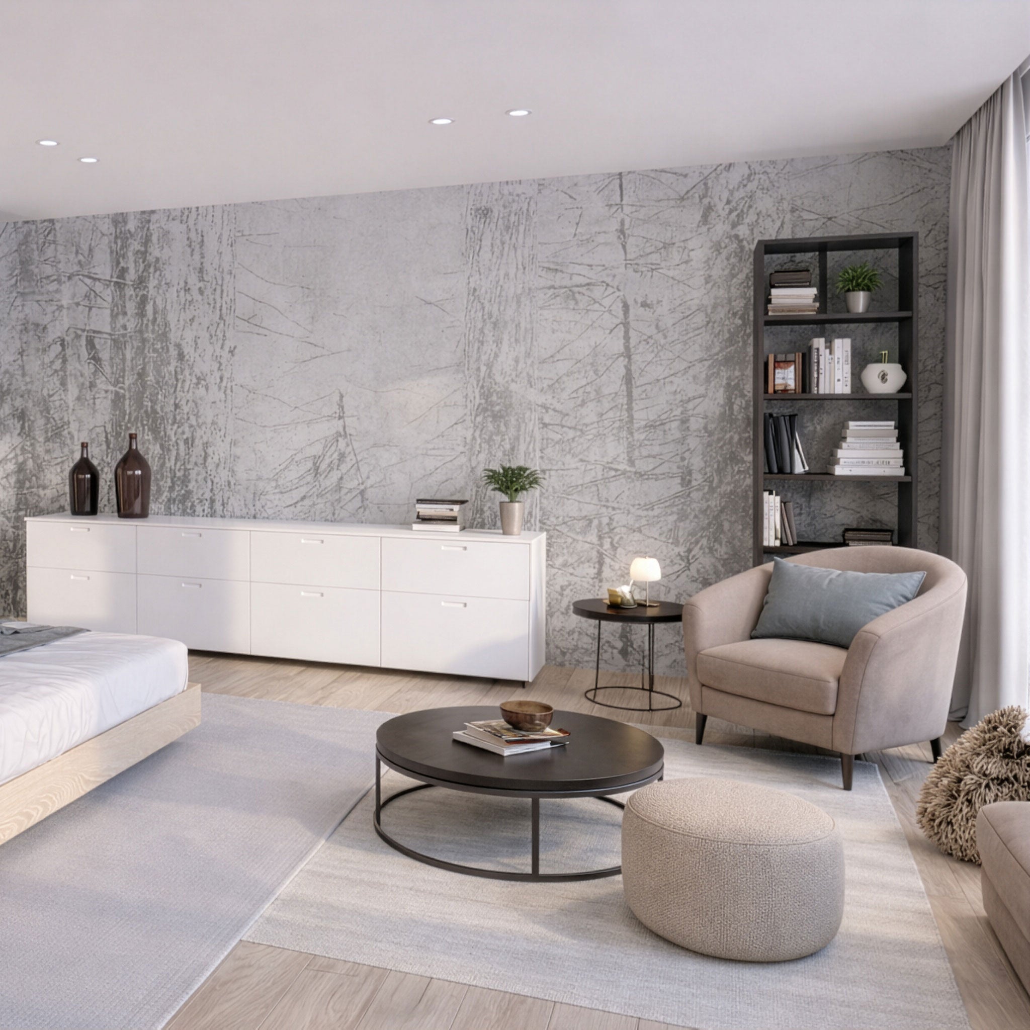 grau weisse Tapete mit Wald in einem Schlafzimmer