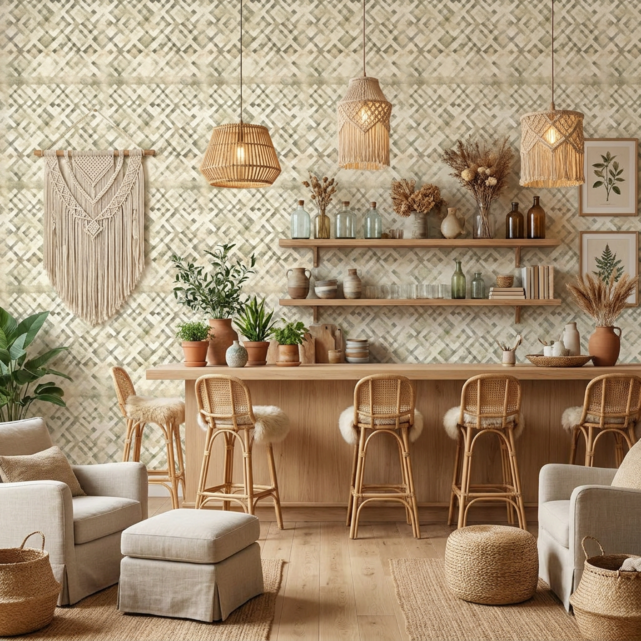 tapete in hellen naturtönen und verwaschenem grafischem muster in bar im boho scandi stil