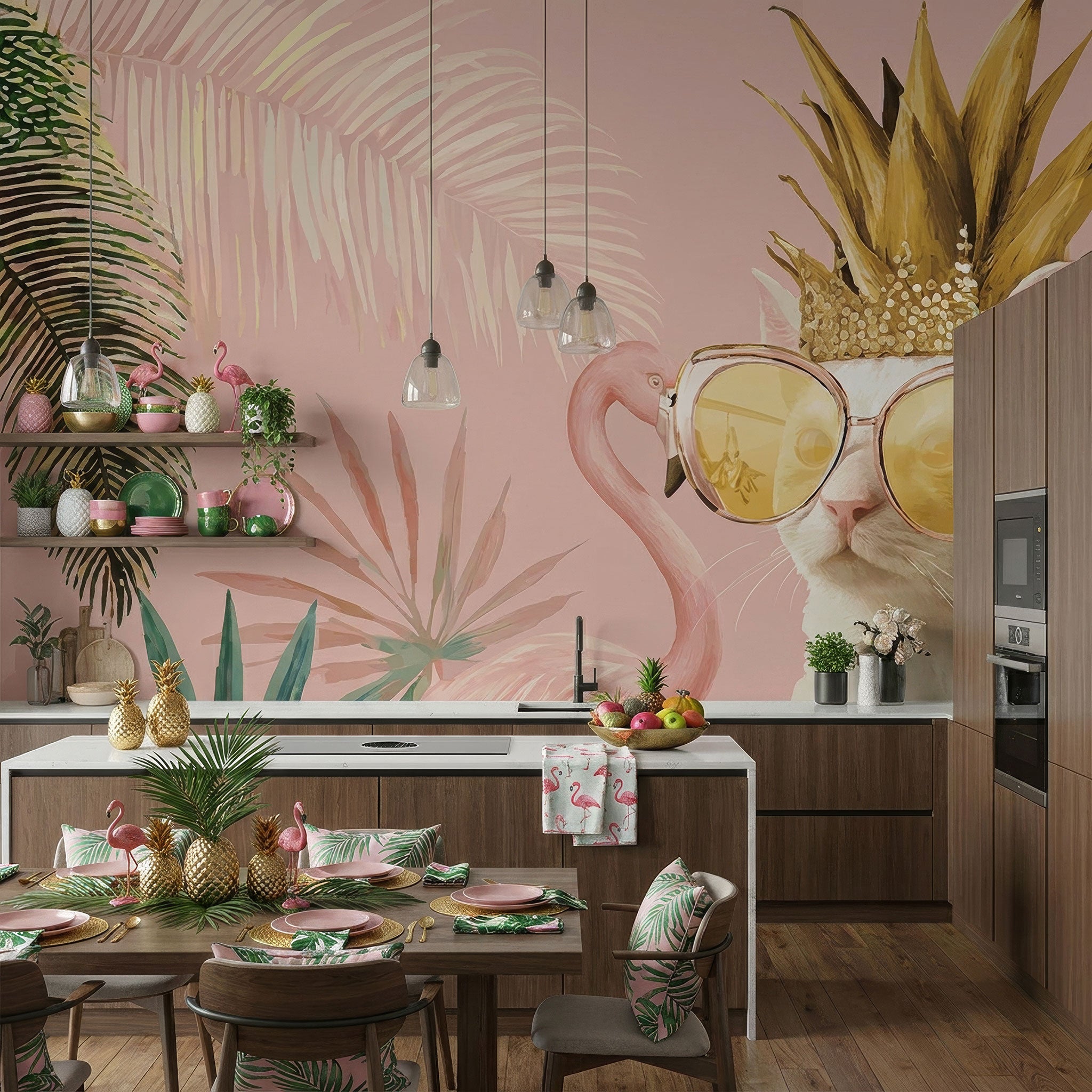 rosa Tapete mit Flamingo und Katze in Küche