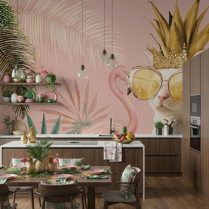 rosa Tapete mit Flamingo und Katze in Küche