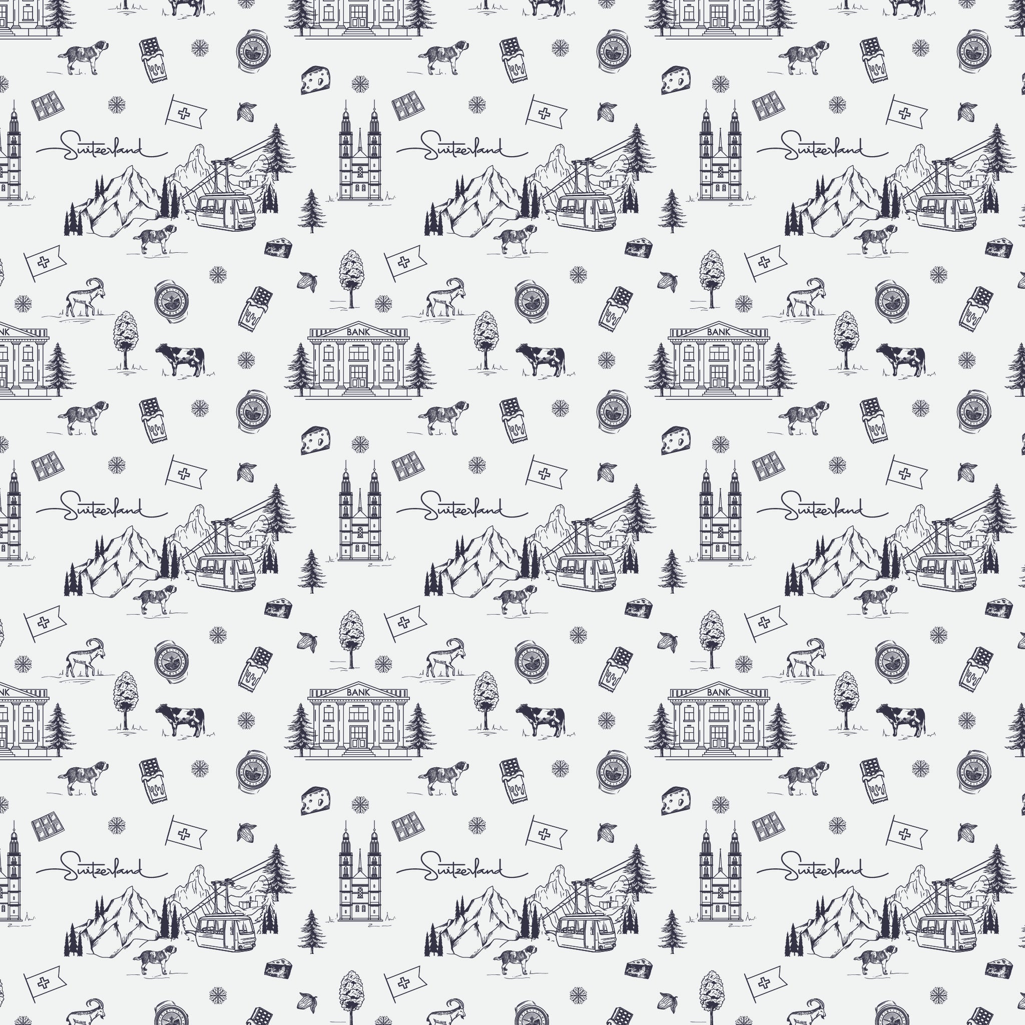 Tapete mit Schweizer Motiven und weissem Hintergrund