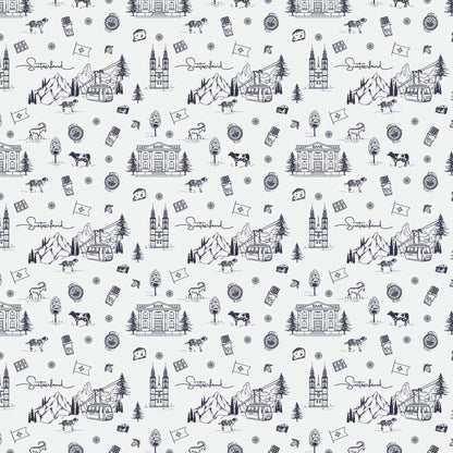 Tapete mit Schweizer Motiven und weissem Hintergrund