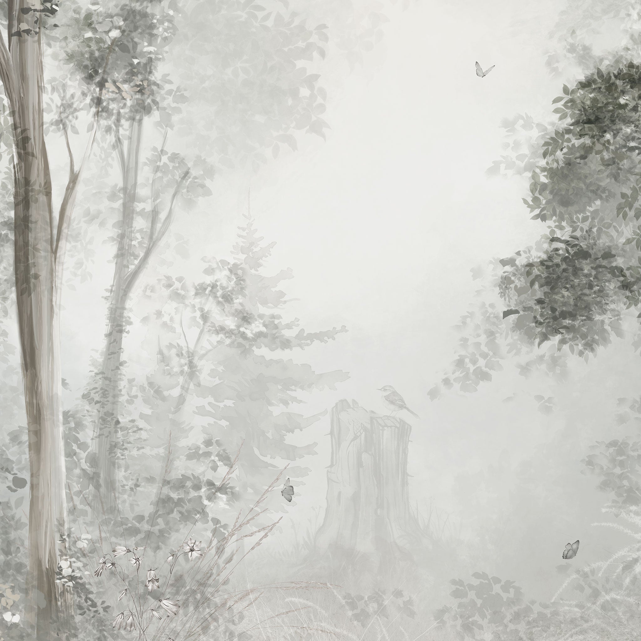 Detailansicht mit Vogel und Schmetterlingen der Tapete sylvan veil