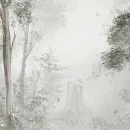 Detailansicht mit Vogel und Schmetterlingen der Tapete sylvan veil