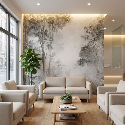 Tapete mit Bäumen und Schmetterlingen in Zahnarztpraxis Wartebereich