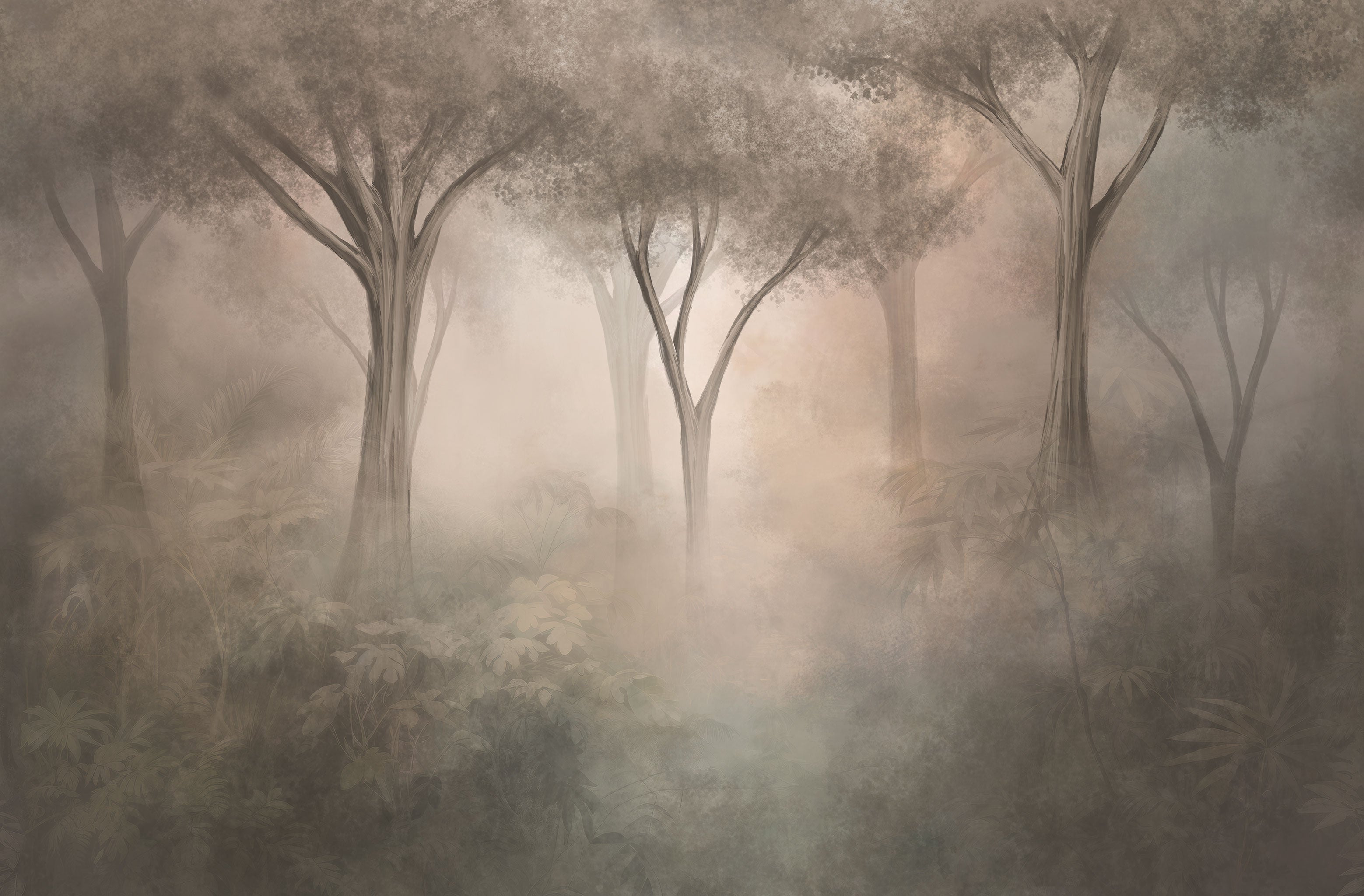 Tapete mit mystischem Waldmotiv in beige-grauen Farbtönen