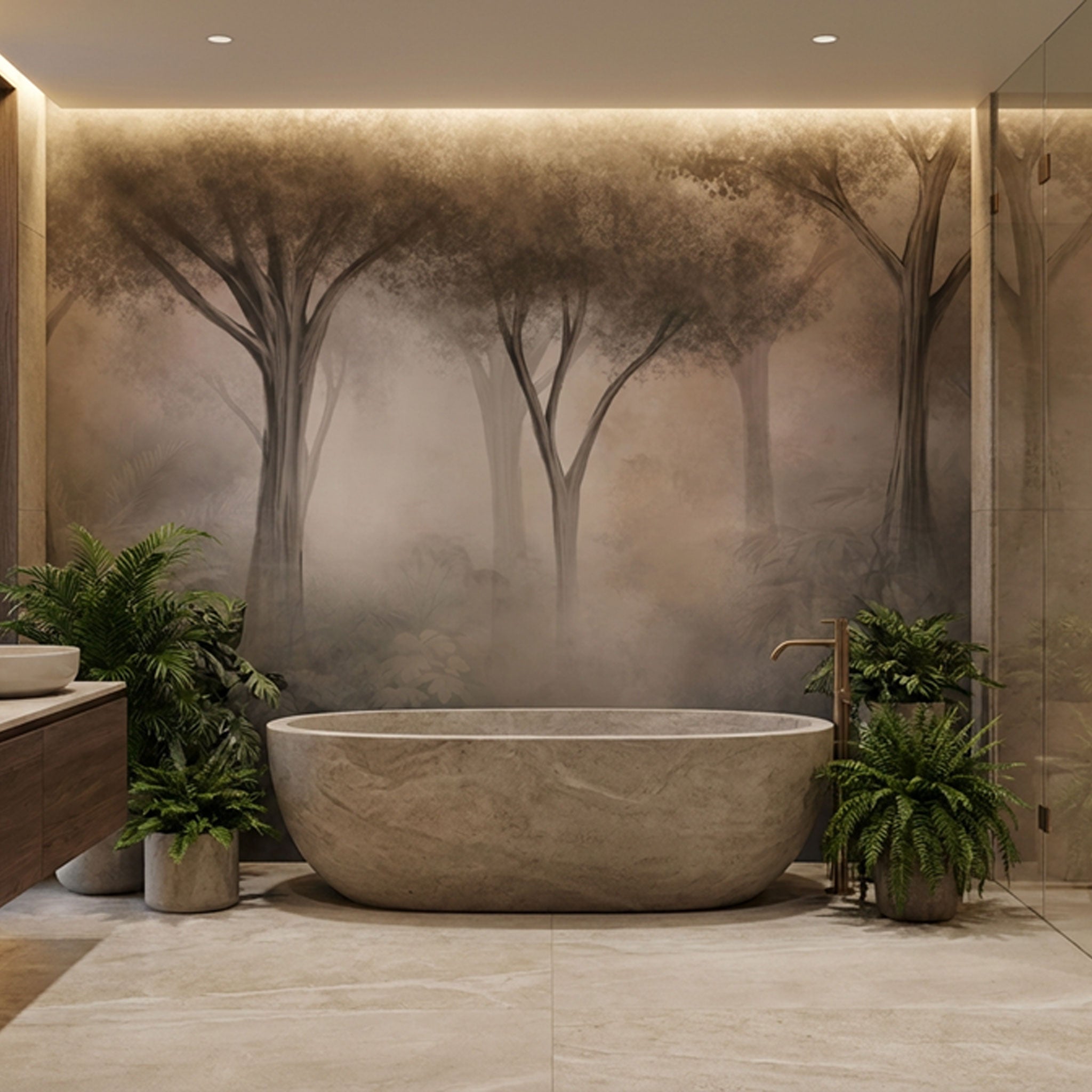 Badezimmer mit beigen Fliesen und farblich passender Tapete mit Bäumen im Nebel
