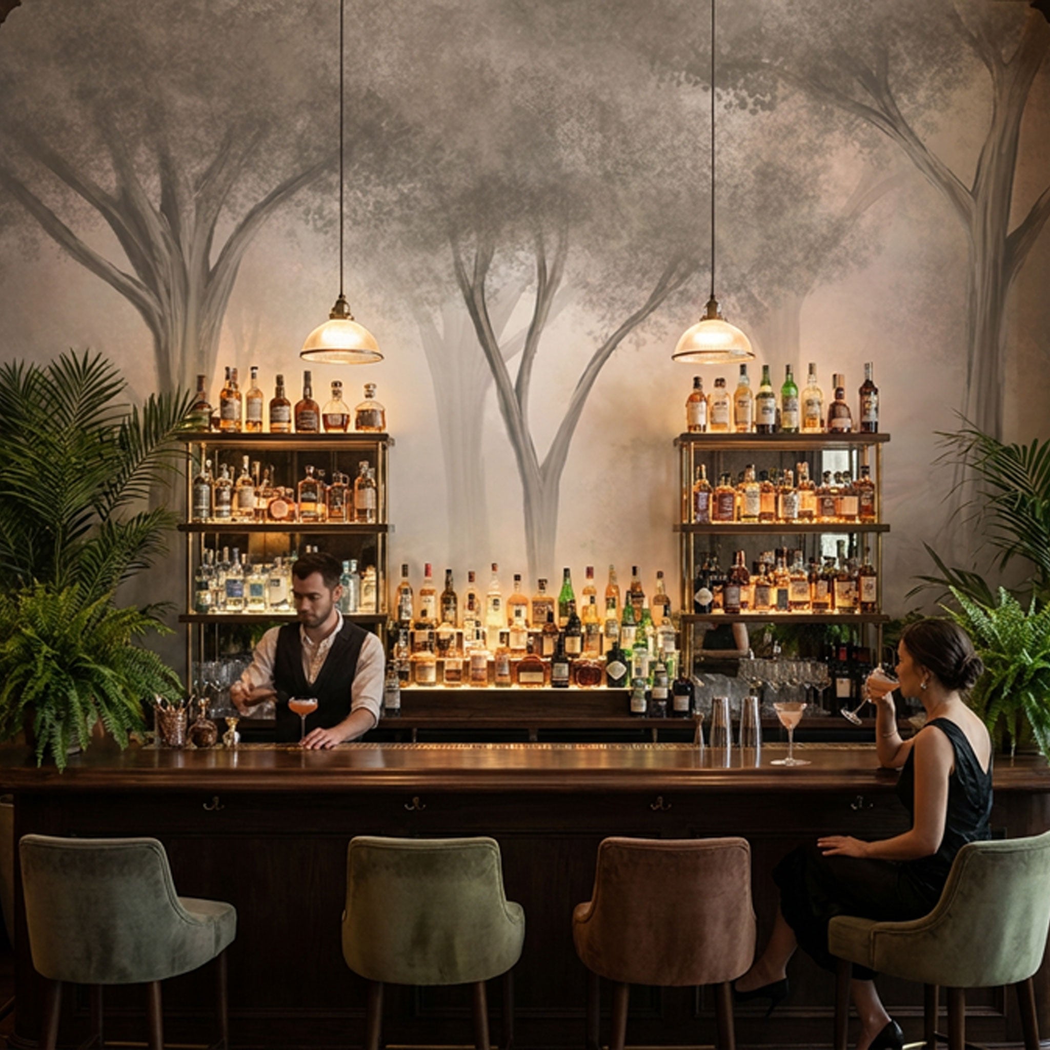 Bar mit Tapete Sylvara Noctis mit Waldmotiv in grau-beige-taupe tönen