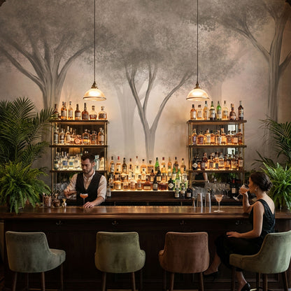 Bar mit Tapete Sylvara Noctis mit Waldmotiv in grau-beige-taupe tönen