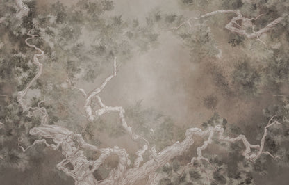 beige Tapete mit Bäumen mystisch ganzes Bild