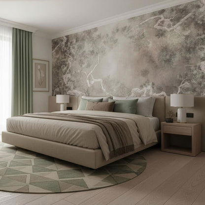 beige Tapete mit Bäumen mystisch in Hotelzimmer