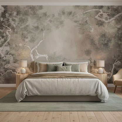 beige Tapete mit Bäumen mystisch in Schlafzimmer mit Doppelbett davor