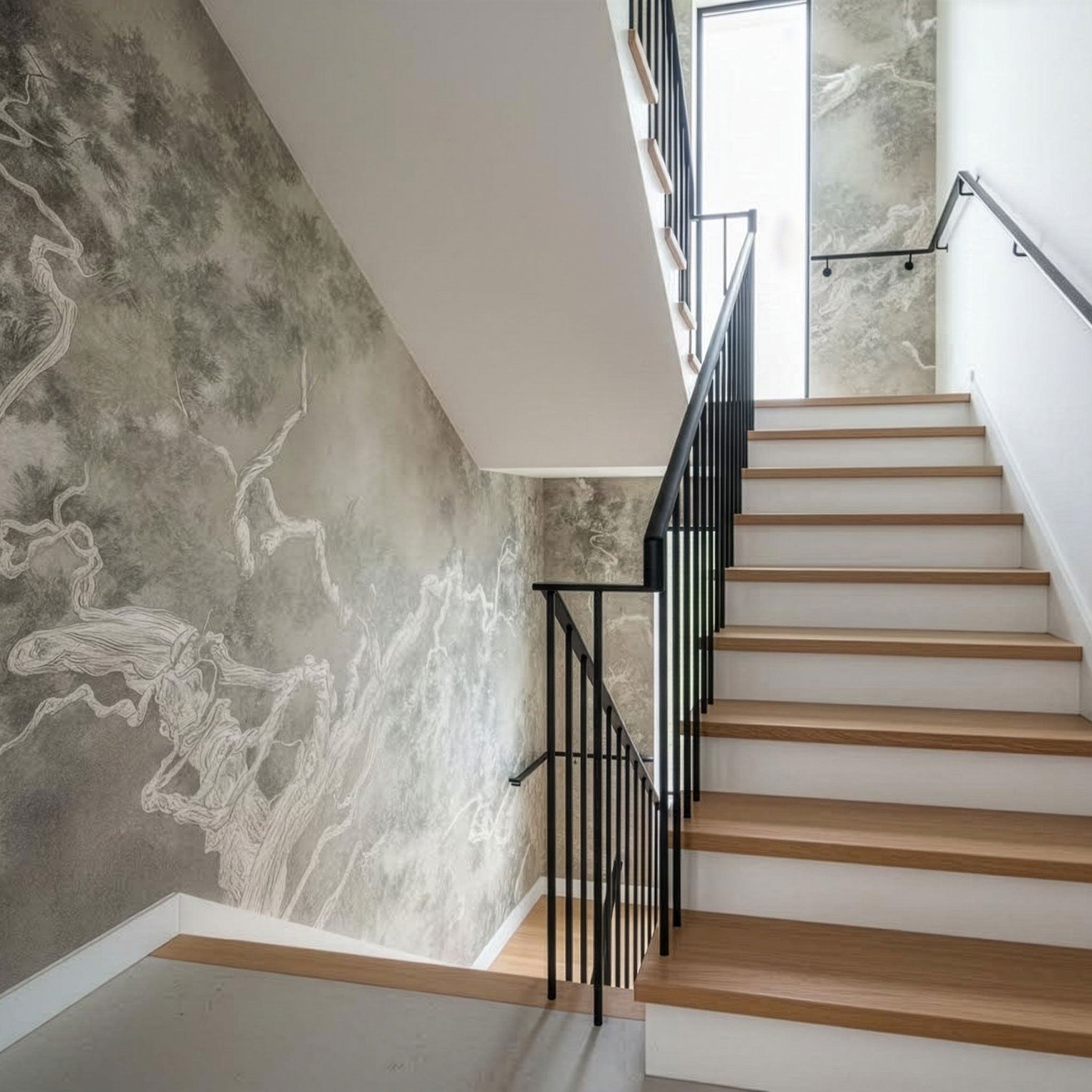 beige Tapete mit Bäumen mystisch in Treppenaufgang