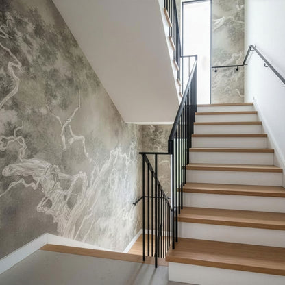 beige Tapete mit Bäumen mystisch in Treppenaufgang