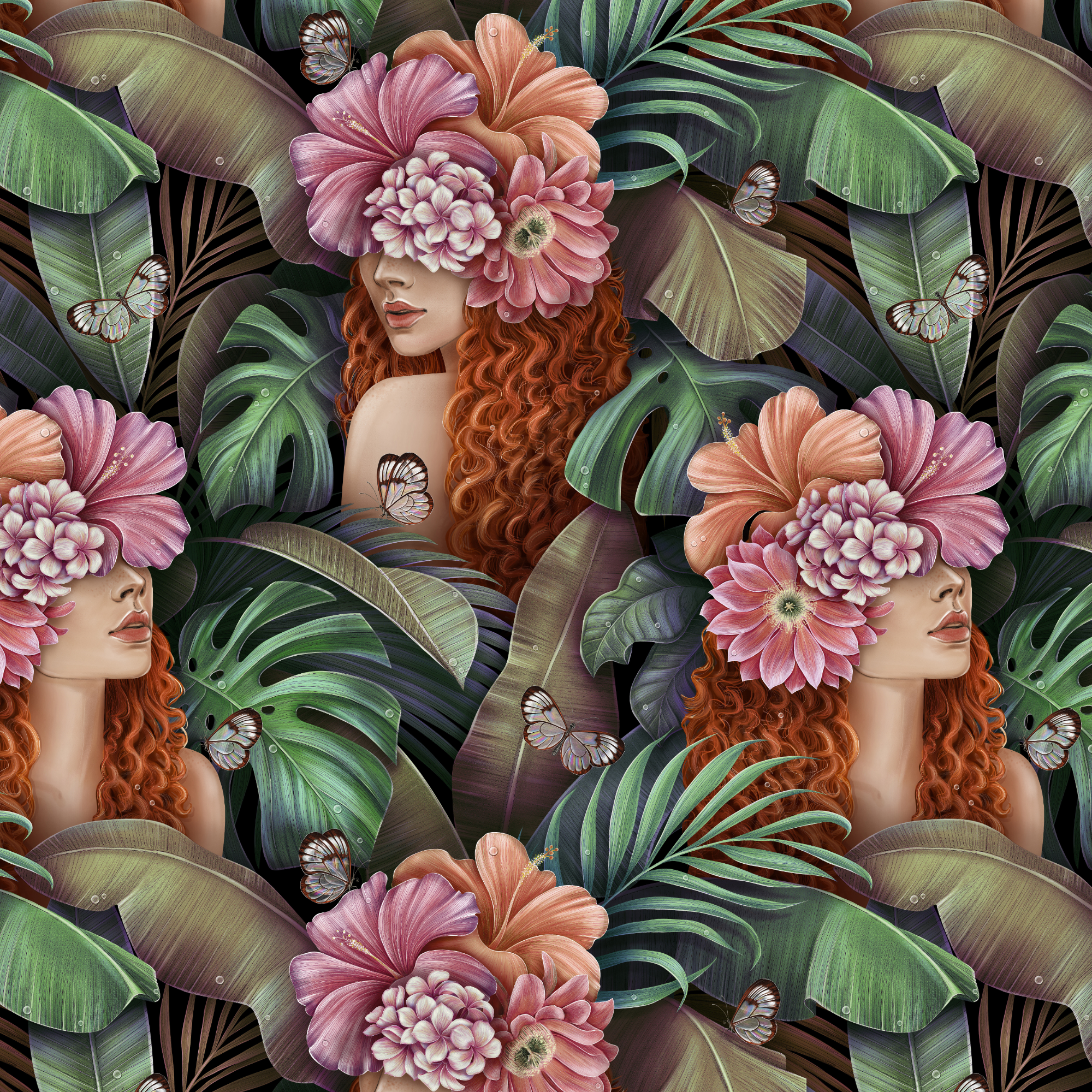 Tropical Muse Tapete – Exotische Dschungel-Illustration mit Blumen, Schmetterlingen & femininem Flair