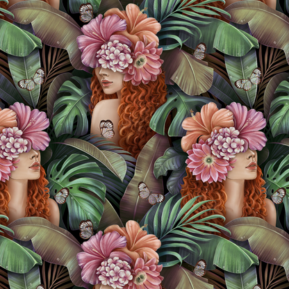 Tropical Muse Tapete – Exotische Dschungel-Illustration mit Blumen, Schmetterlingen & femininem Flair