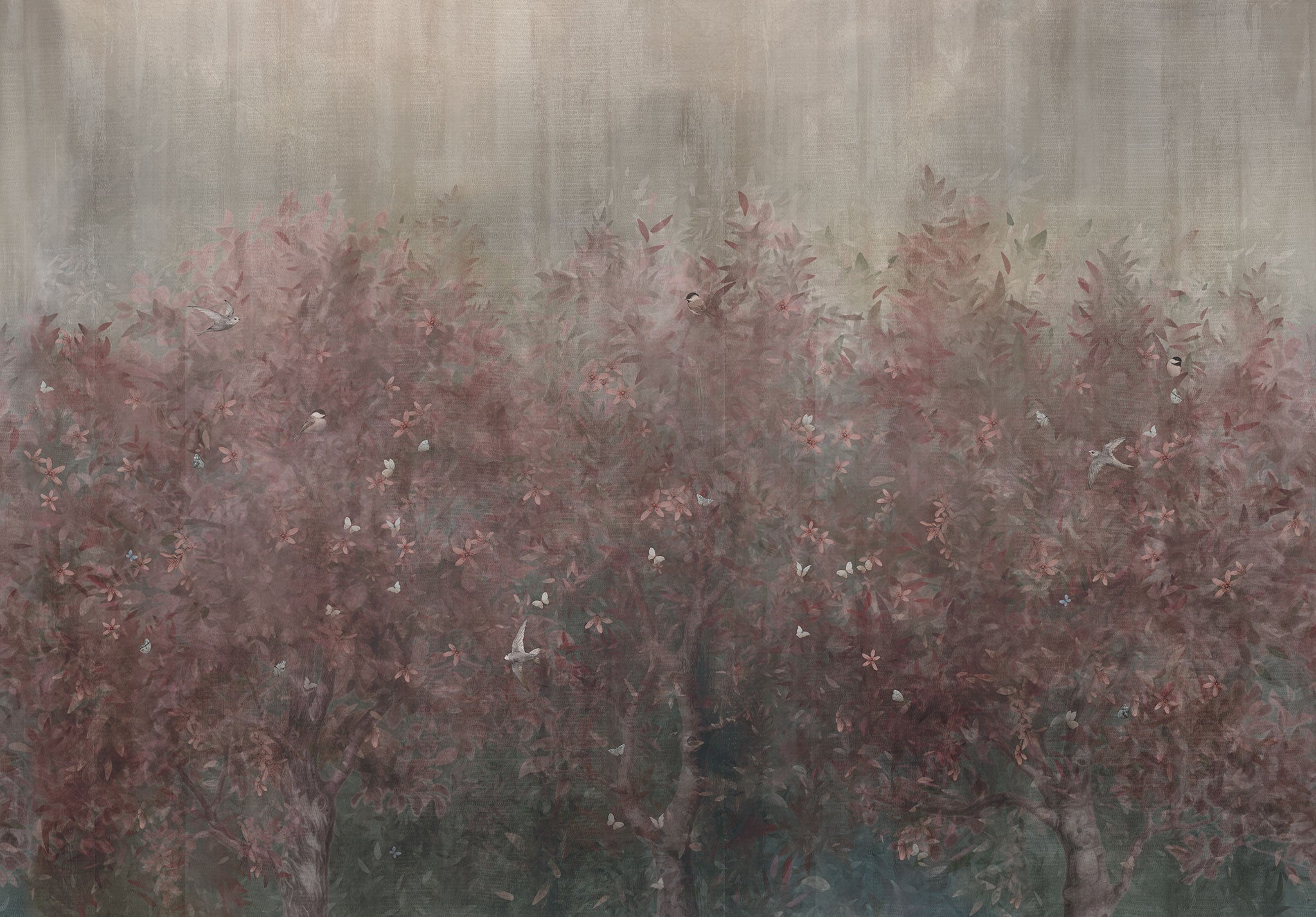 Tapet mit floralem Muster mystisch in grautönen mit Pink