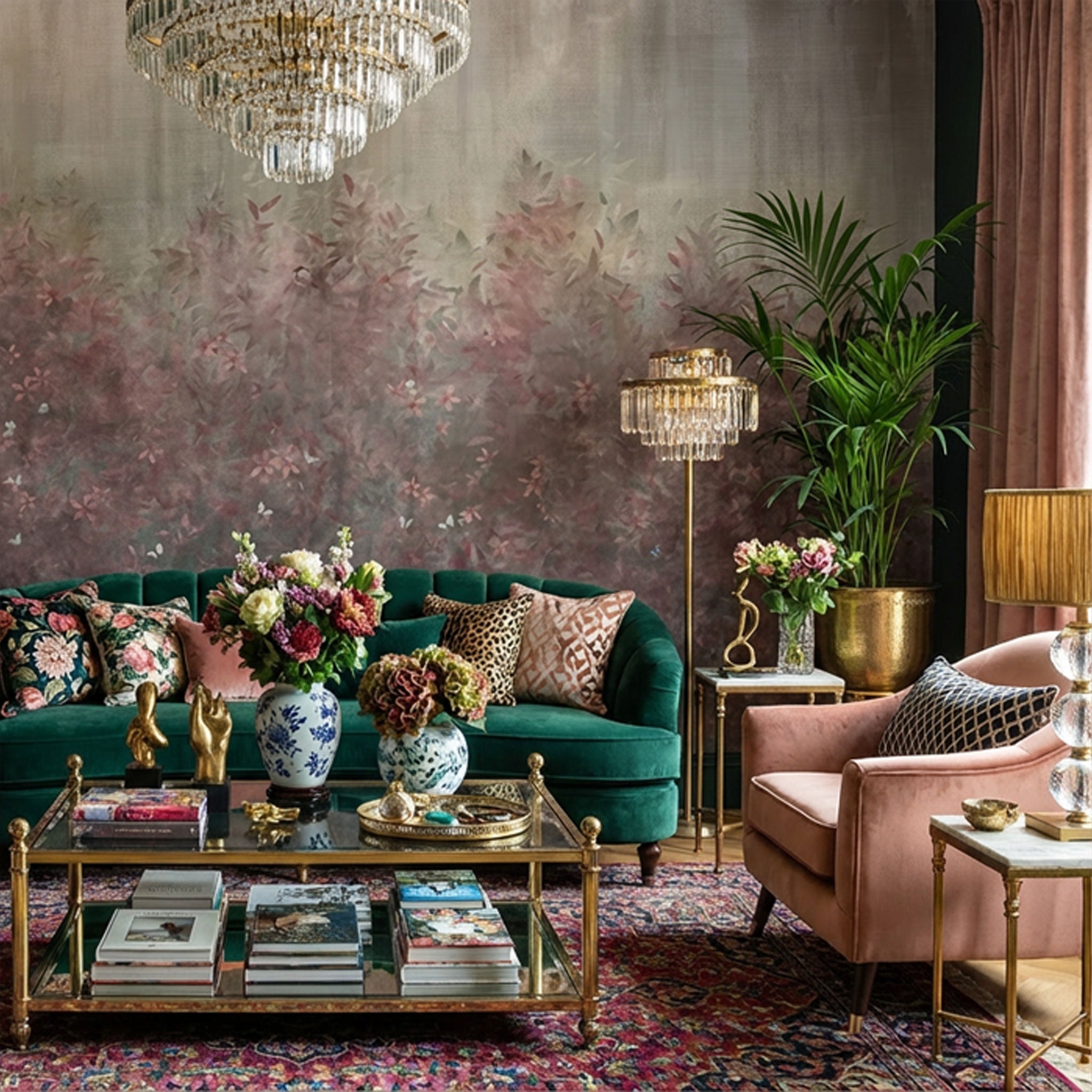 maximalistisches Wohnzimmer mit floraler mystischer Tapete in grau pink