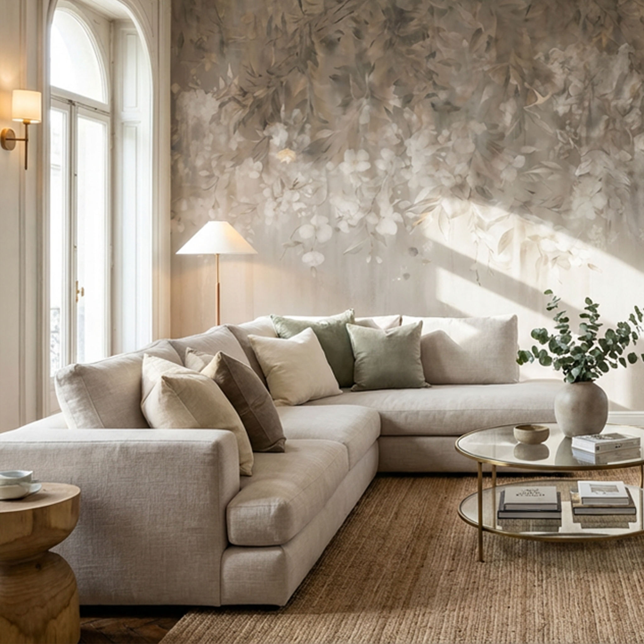 Beige Blumenmuster-Tapete hinter Sofa