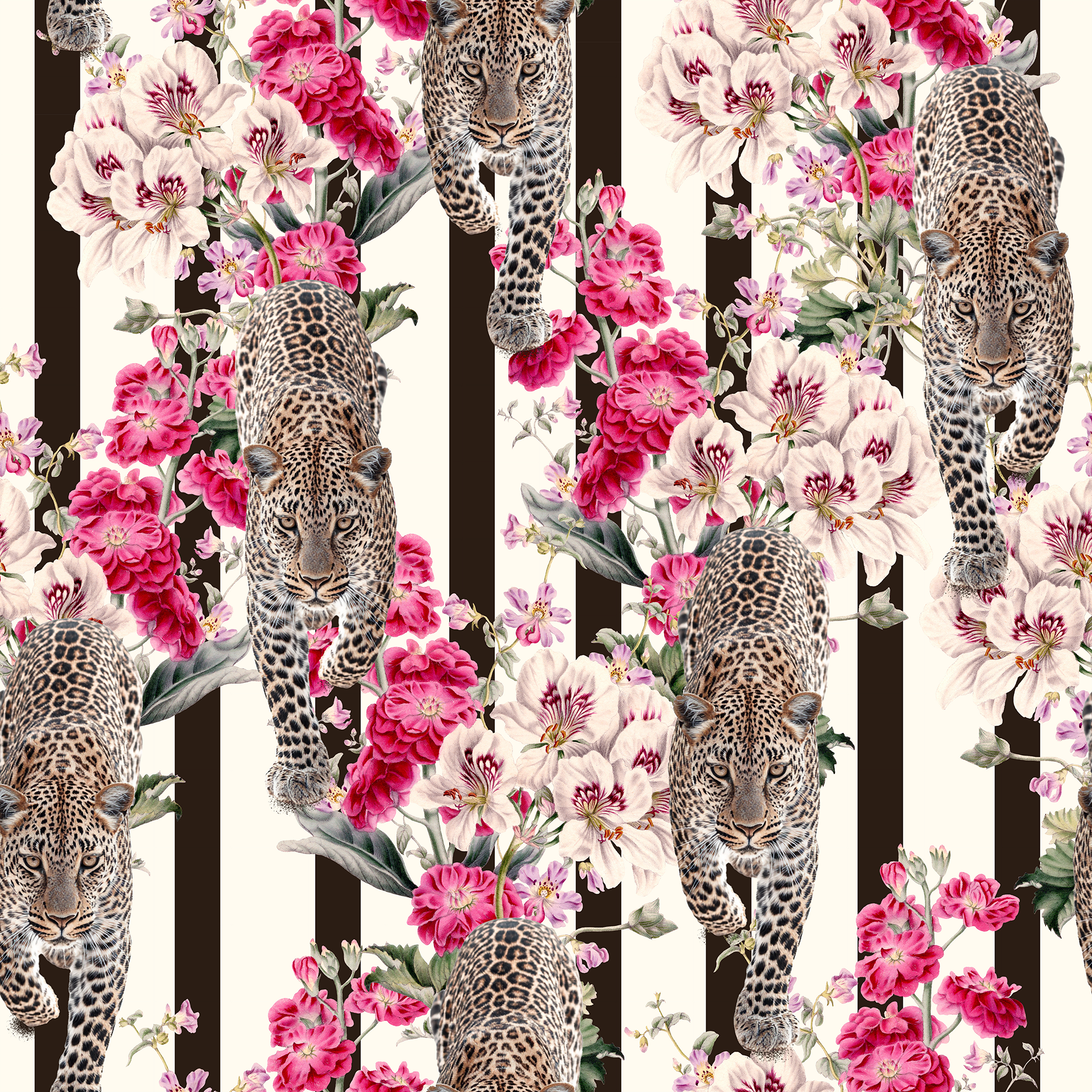 tapete wild romance mit leoparden und blüten in pink und rose detailansicht