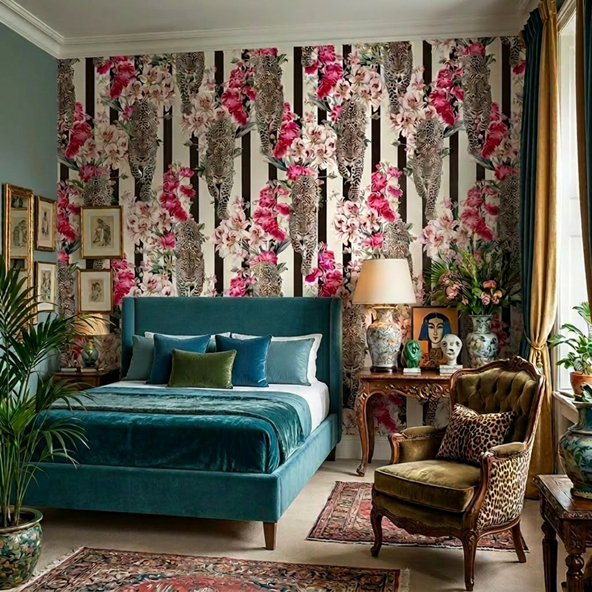 tapete mit leoparden und blüten in maximalistisch eingerichtetem Schlafzimmer