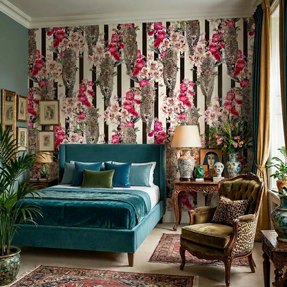 tapete mit leoparden und blüten in maximalistisch eingerichtetem Schlafzimmer