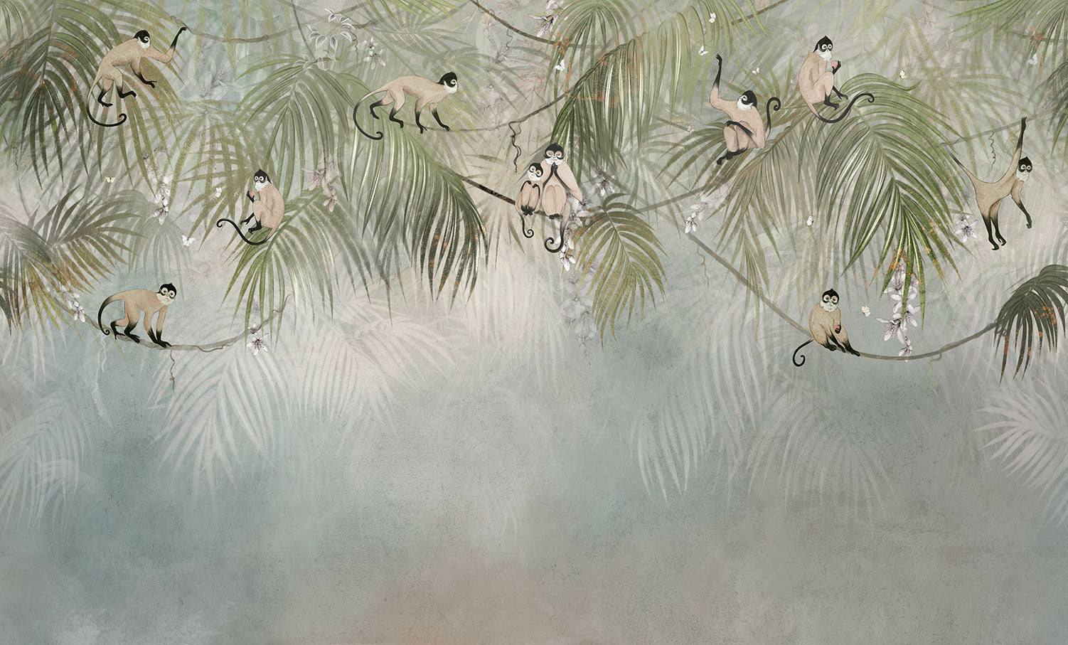 helle grün-blaue Tapete mit Affen auf Blättern