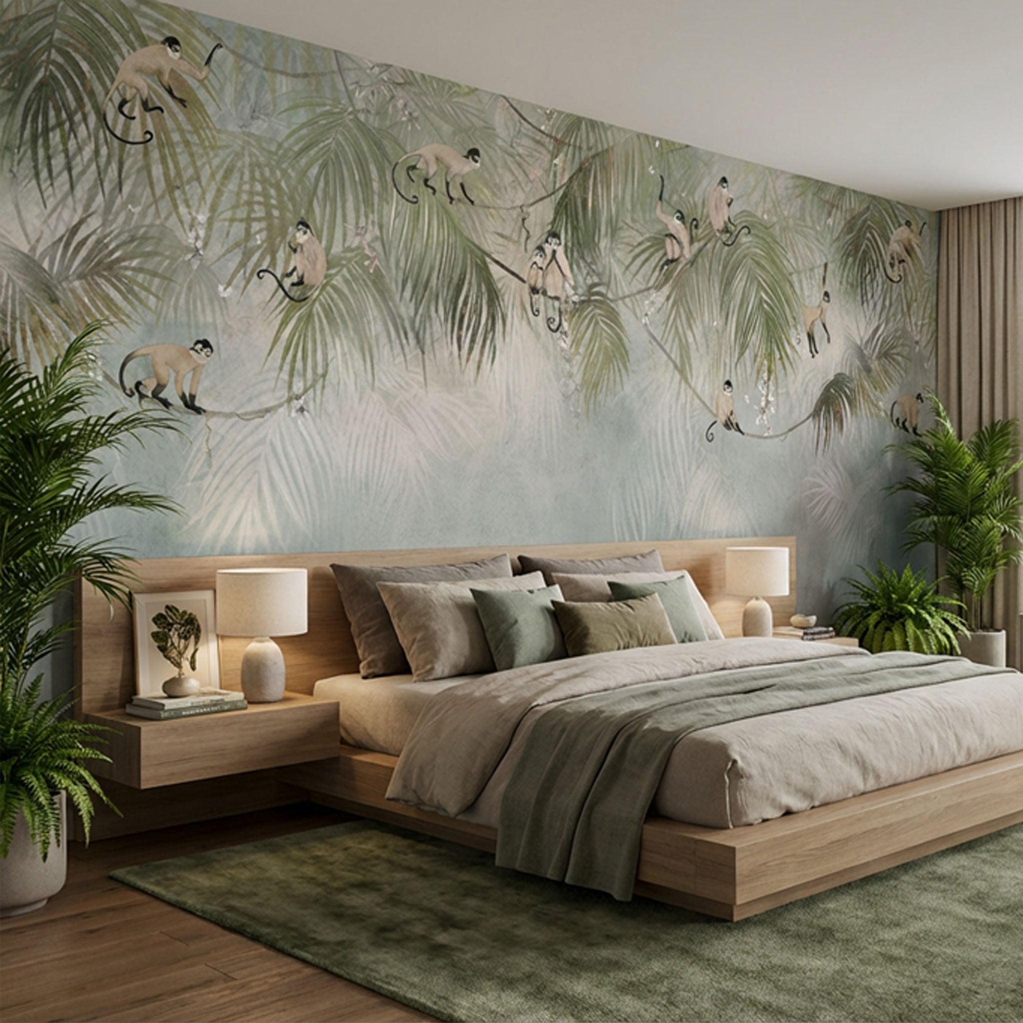 Hotelzimmer mit Affentapete und grünem Teppich